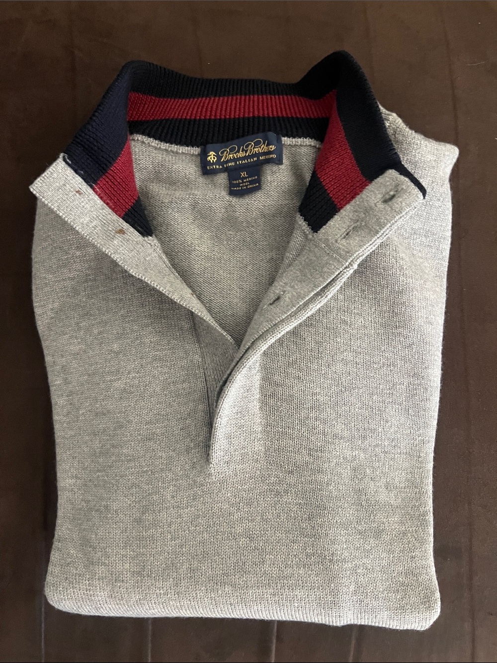 Brooks Brothers Men's Light Gray Zip-Up Sweater with Navy & Red Collar Trim